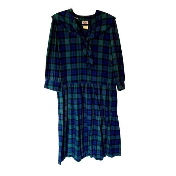 Vintage Lanz Drop Waist Black Watch Plaid Dress SZ14 - Picture 1 of 6